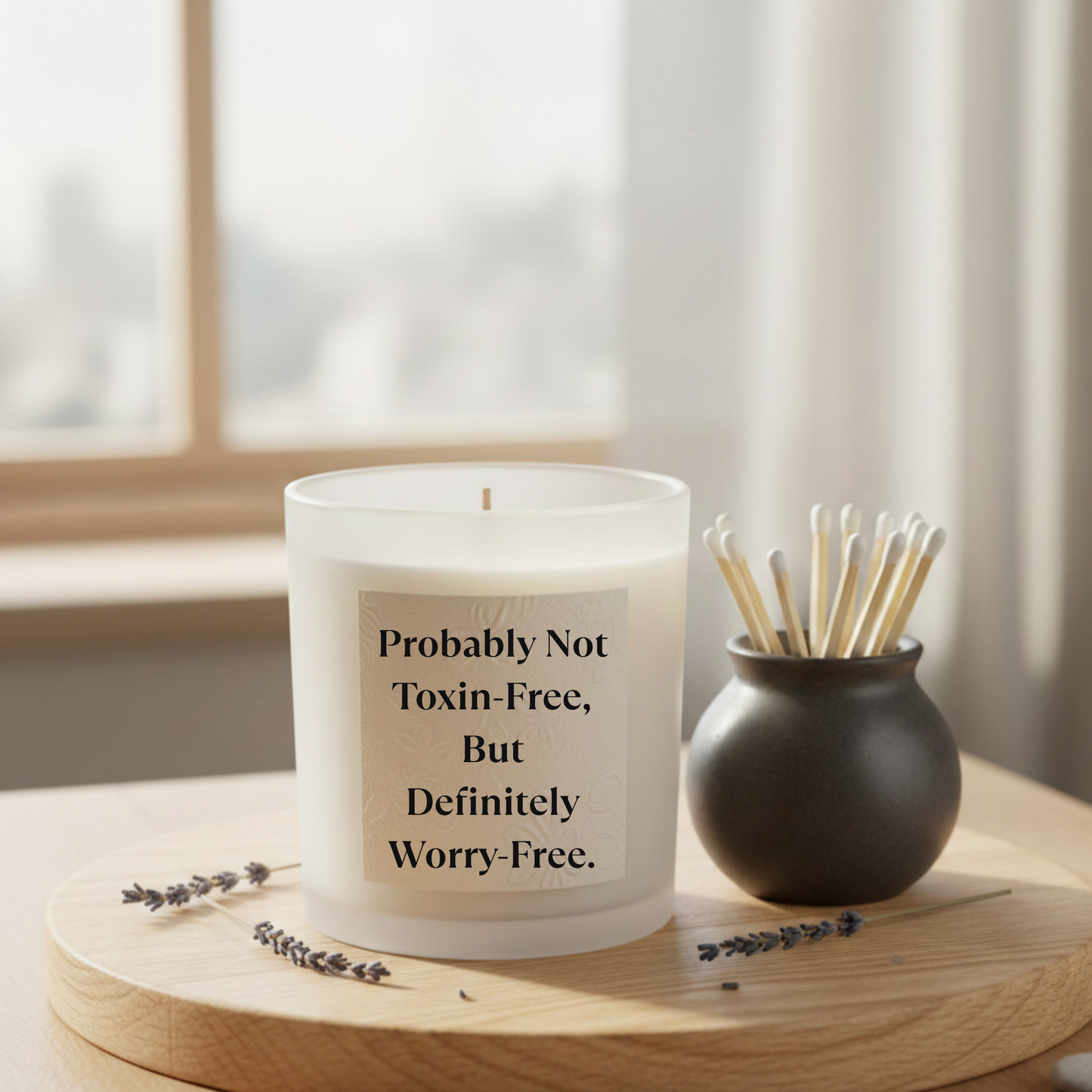 “Worry-Free Glow Candle – Lighthearted Scented Candle with Humorous Label”