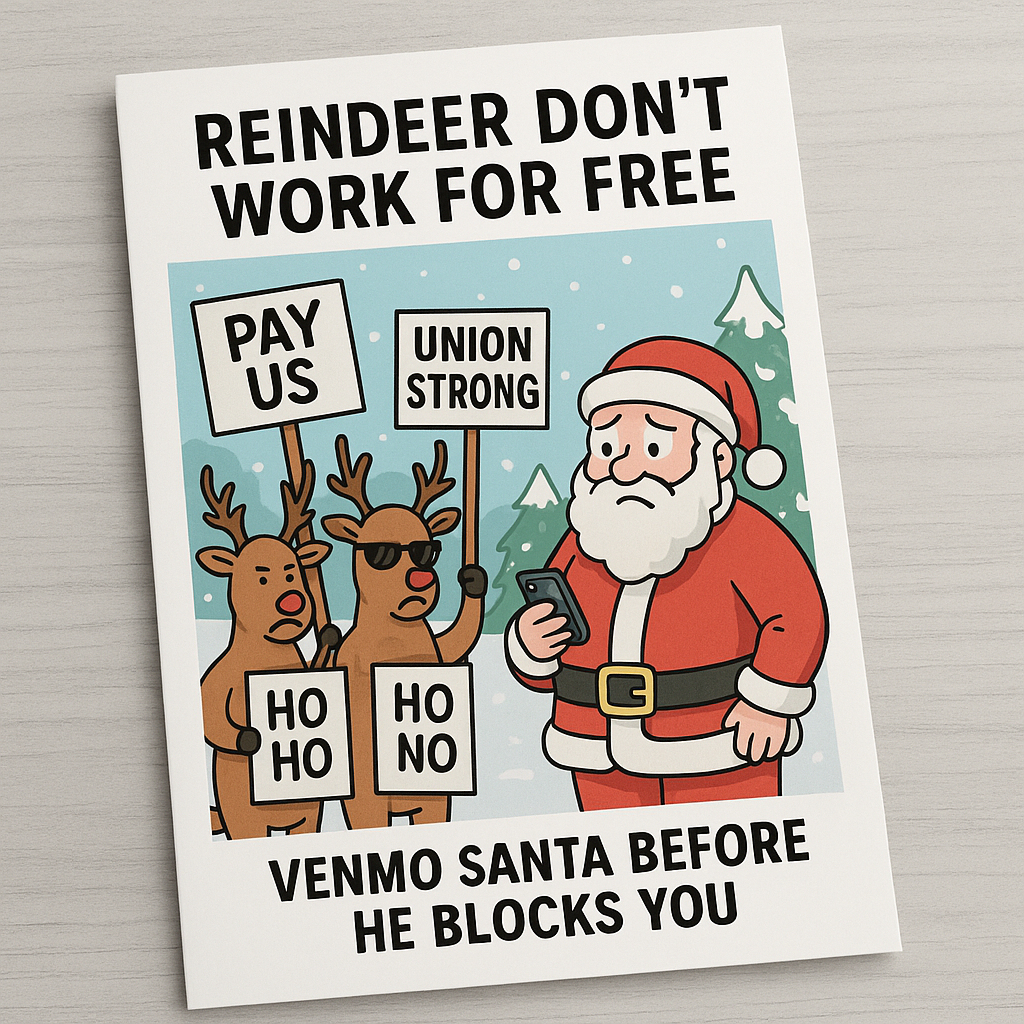 Reindeer Don't Work for Free Funny Union Christmas Card - Venmo Santa